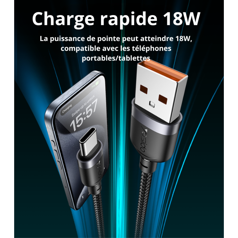 Charge rapide 18W, compatible téléphones et tablettes