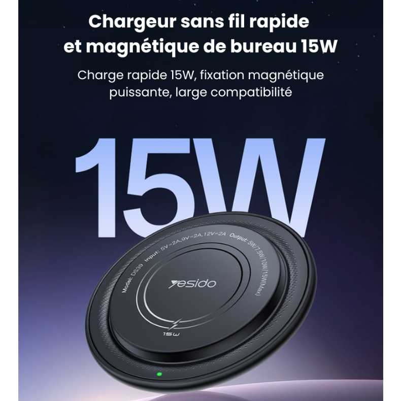 Chargeur sans fil rapide et magnétique de bureau 15W
