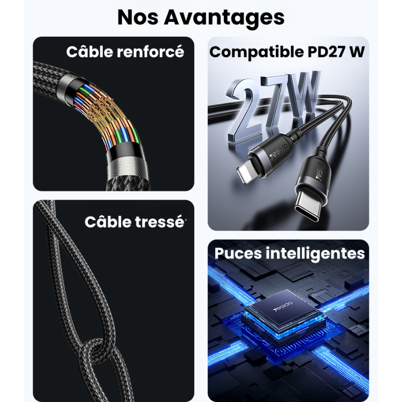 Nos avantages : câble renforcé, compatible PD 27W, tressé, puces intelligentes