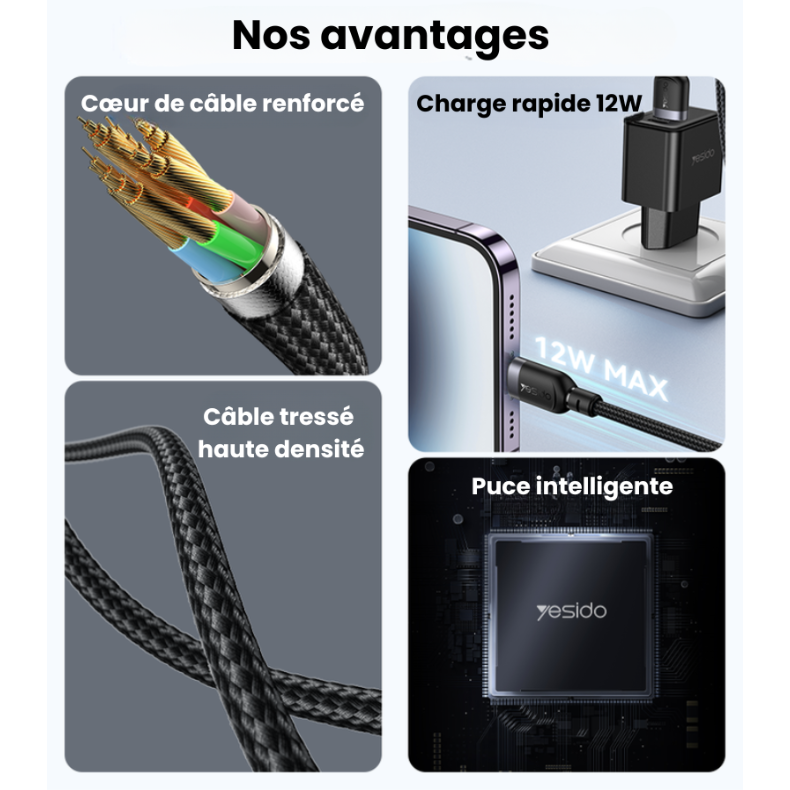 Nos avantages : cœur de câble renforcé, charge rapide 12W, tressé haute densité, puce intelligente