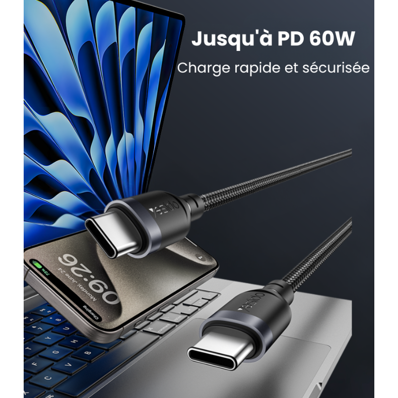 Jusqu'à PD 60W, charge rapide et sécurisée