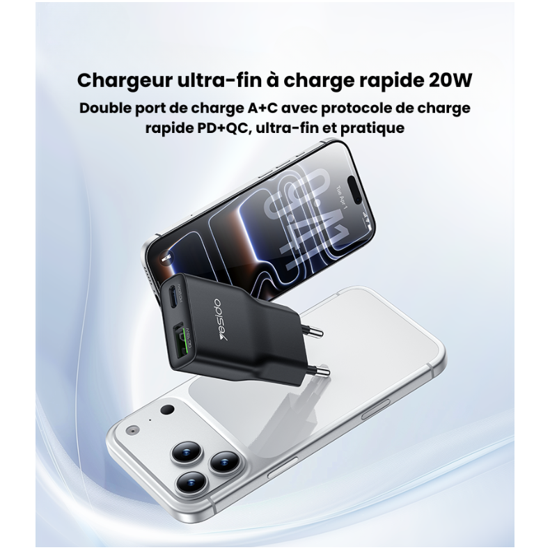 Chargeur ultra-fin à charge rapide 20W, double port A+C, PD+QC, Black Edition