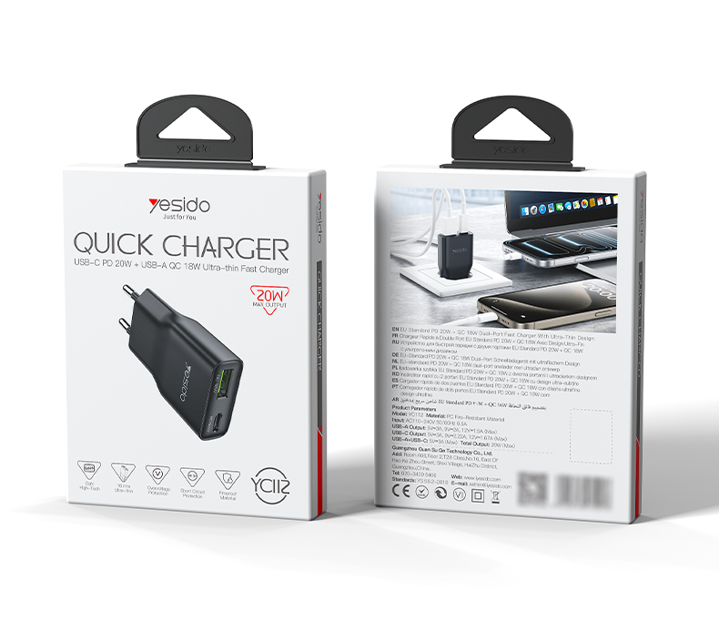 Chargeur mural ultra-fin 20W Black Edition – Double Port USB-A/USB-C