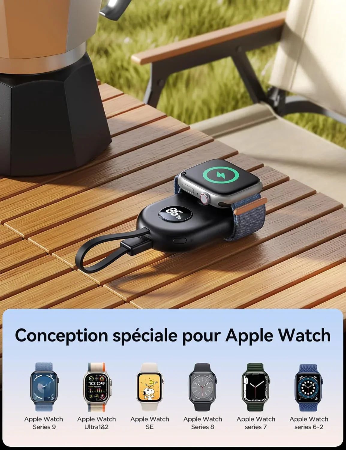 Chargeur sans fil pour Apple Watch, compatible Series 9 à SE, sur table en bois extérieur