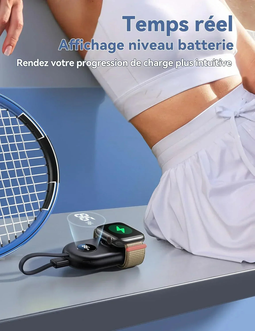 Chargeur sans fil pour montre connectée avec affichage niveau batterie en temps réel, idéal pour sport et quotidien