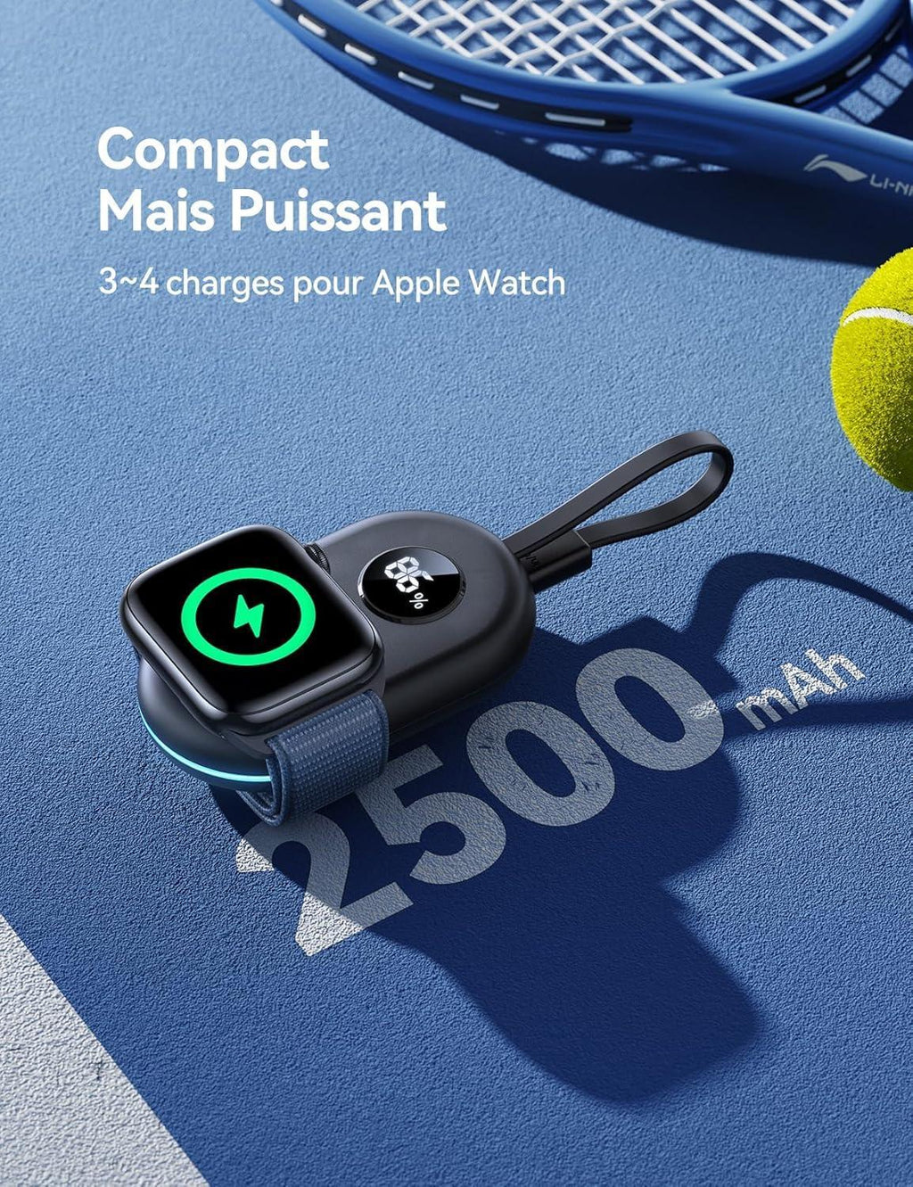 Chargeur sans fil Apple Watch 2500mAh compact, recharge 3-4 fois, sur terrain de tennis