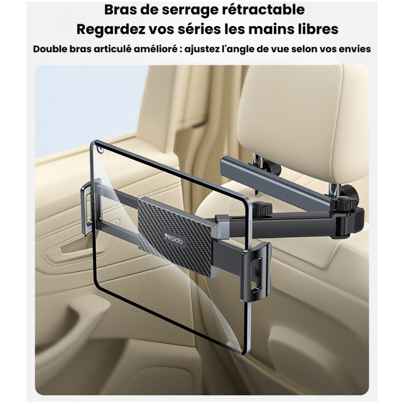 Support Tablette et Téléphone pour Appuie-tête Voiture — Bras Articulé 360°