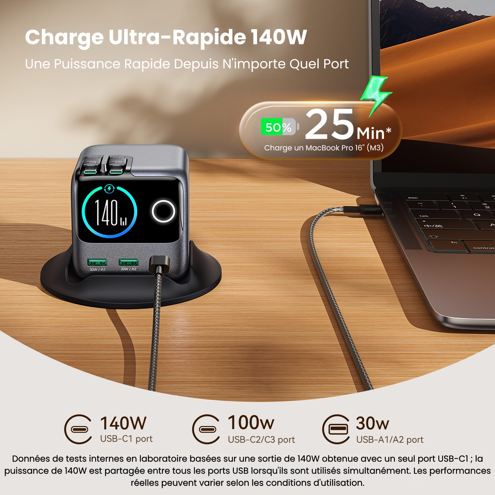 Chargeur GaN JOYROOM PODIX 140W - Station de Charge 5 Ports avec Câbles Rétractables et Écran LCD