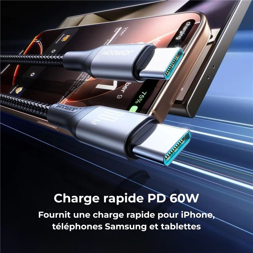 Cable USB-C vers USB-C 60W nylon tresse haute resistance