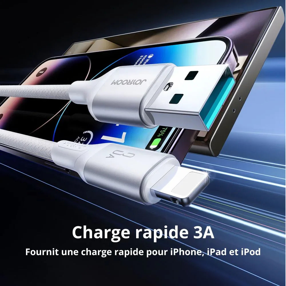 Câble USB charge rapide 3A pour iPhone, iPad et iPod, en gros plan devant un smartphone.