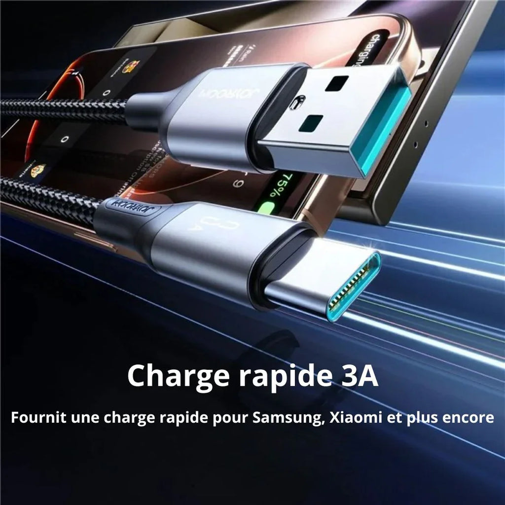 Câble USB-C charge rapide 3A connecté à smartphone, accessoires téléphonie Tahiti.