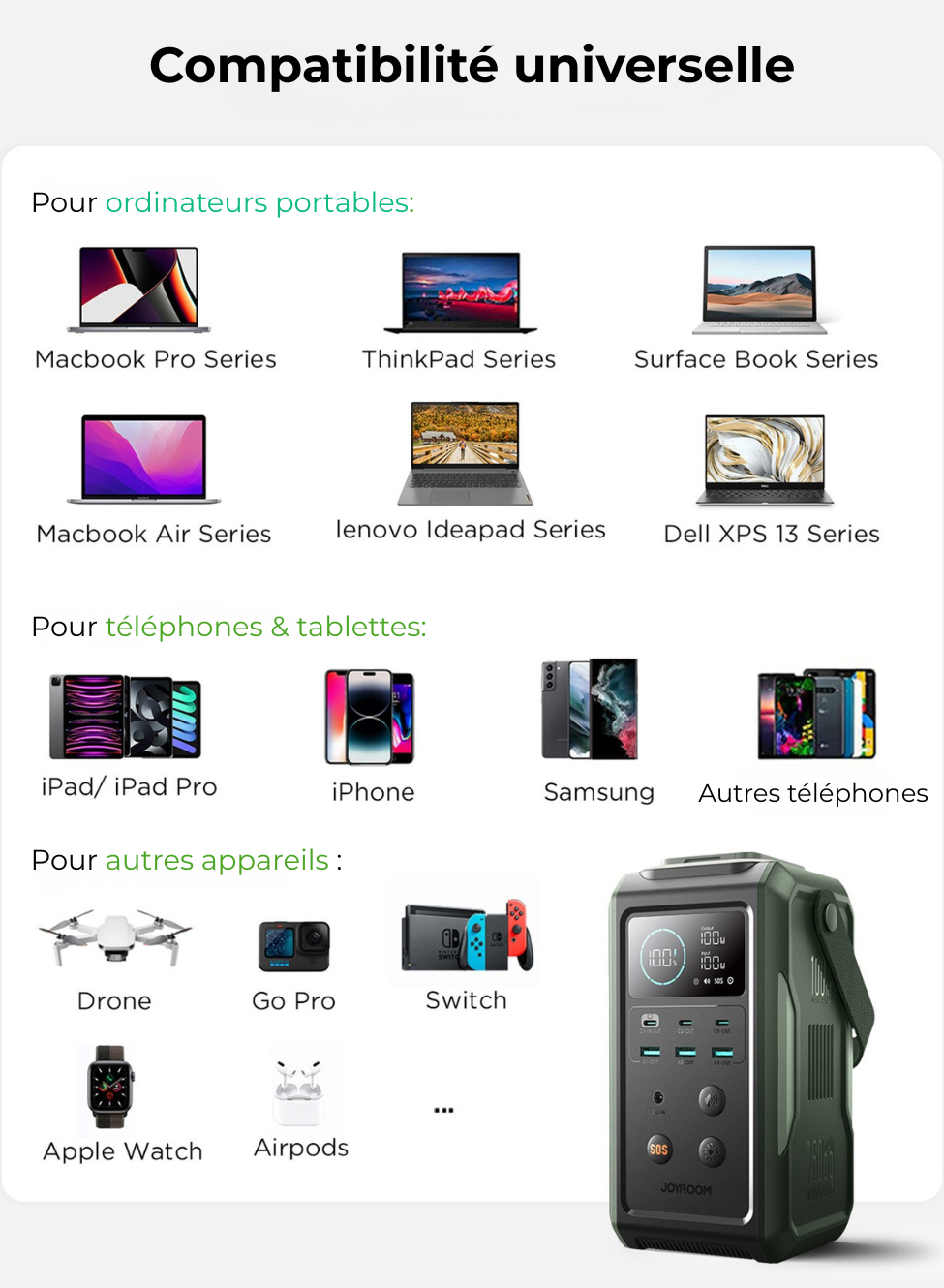 Batterie externe 75 000 mAh – 100 W – Multi-ports – Lampe et SOS – vue 7