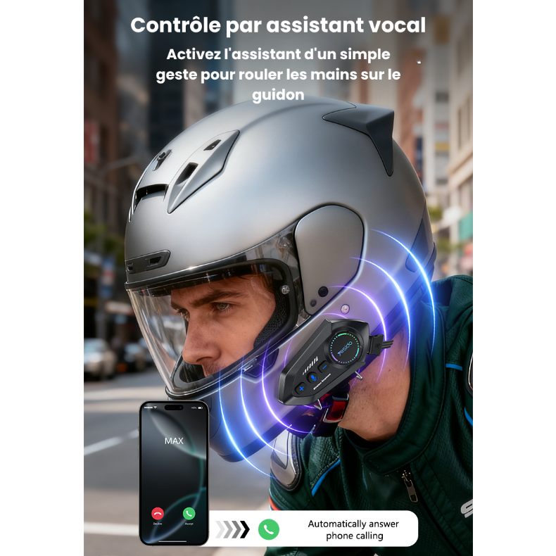 Intercom Bluetooth pour Casque Moto — Étanche IPX6, Radio FM, Assistant Vocal