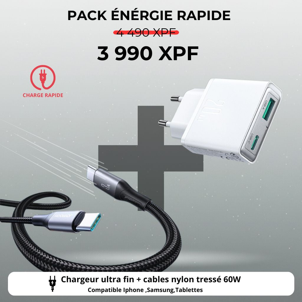 Pack Energie Rapide MB-Import Tahiti chargeur 20W et cable nylon