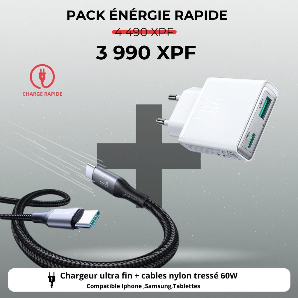 Pack chargeur rapide double port USB avec câble nylon tressé 60W, compatible smartphones et tablettes.