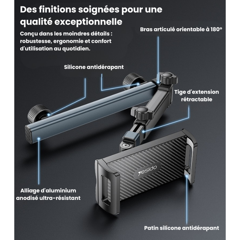 Support Tablette et Téléphone pour Appuie-tête Voiture — Bras Articulé 360°