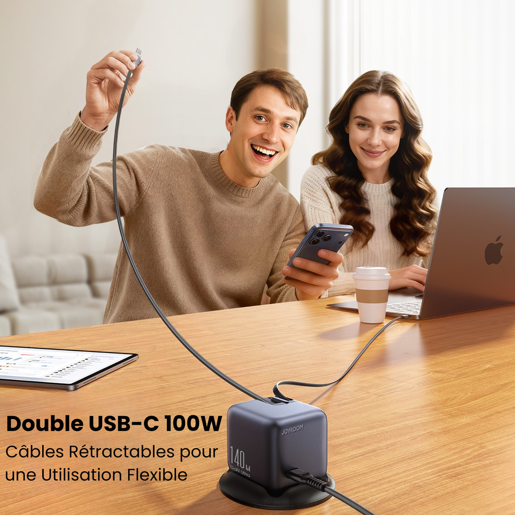 Chargeur GaN JOYROOM PODIX 140W - Station de Charge 5 Ports avec Câbles Rétractables et Écran LCD