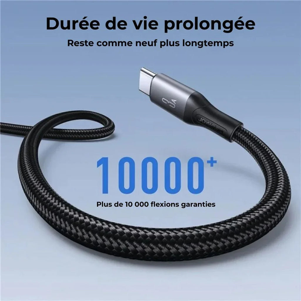 Câble USB renforcé noir avec tresse, durabilité 10000 flexions, accessoire résistant