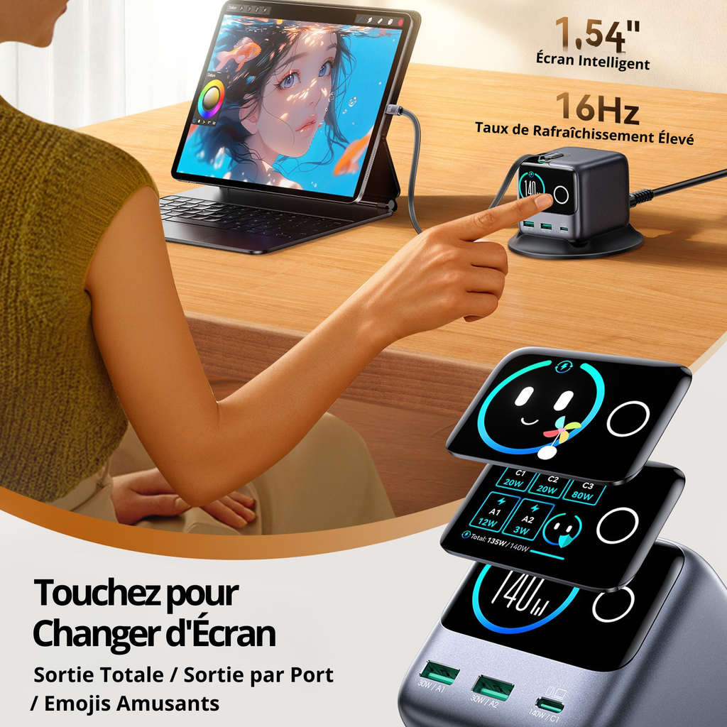 Chargeur GaN JOYROOM PODIX 140W - Station de Charge 5 Ports avec Câbles Rétractables et Écran LCD