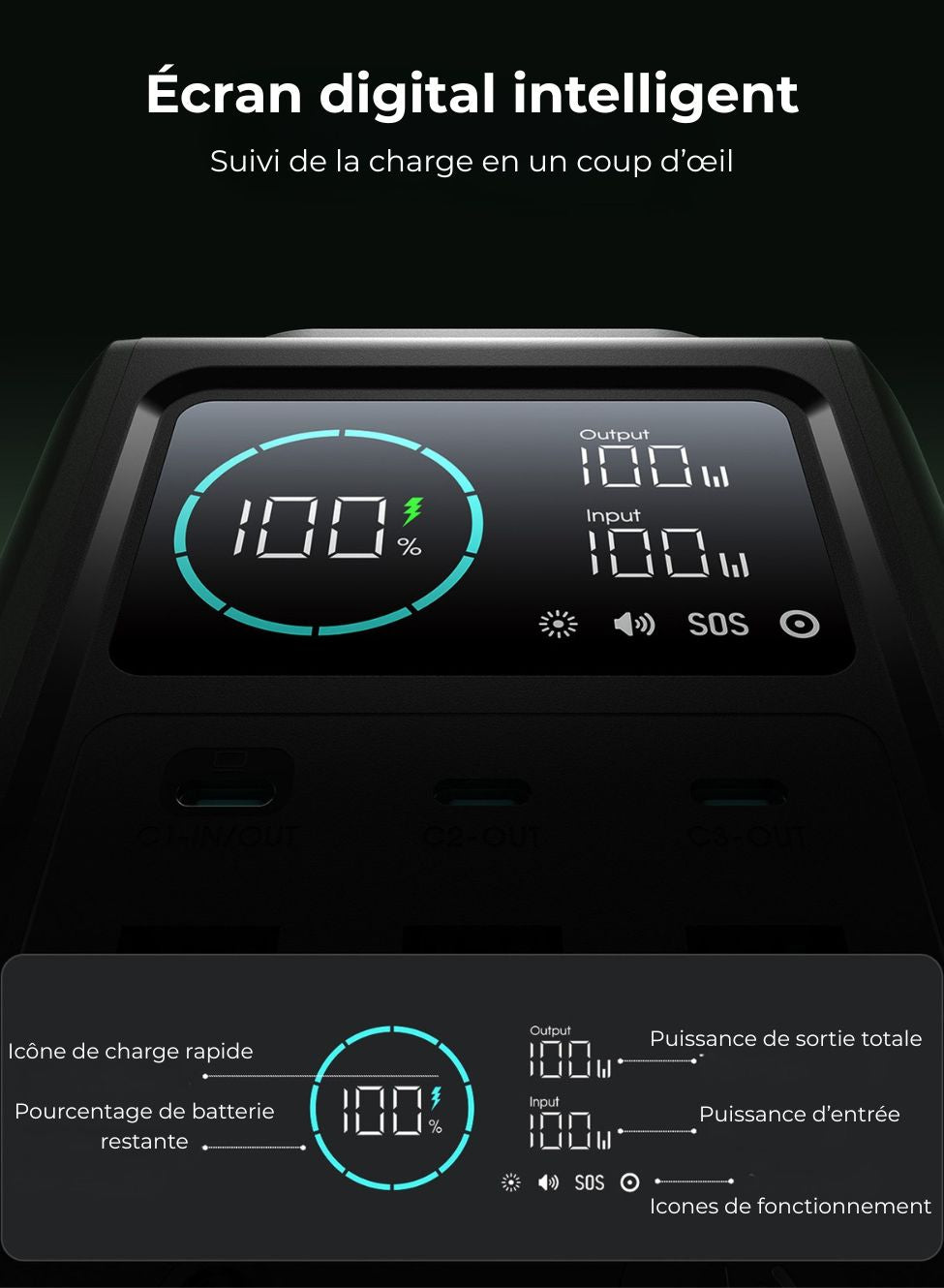 Batterie externe 75 000 mAh – 100 W – Multi-ports – Lampe et SOS – vue 6