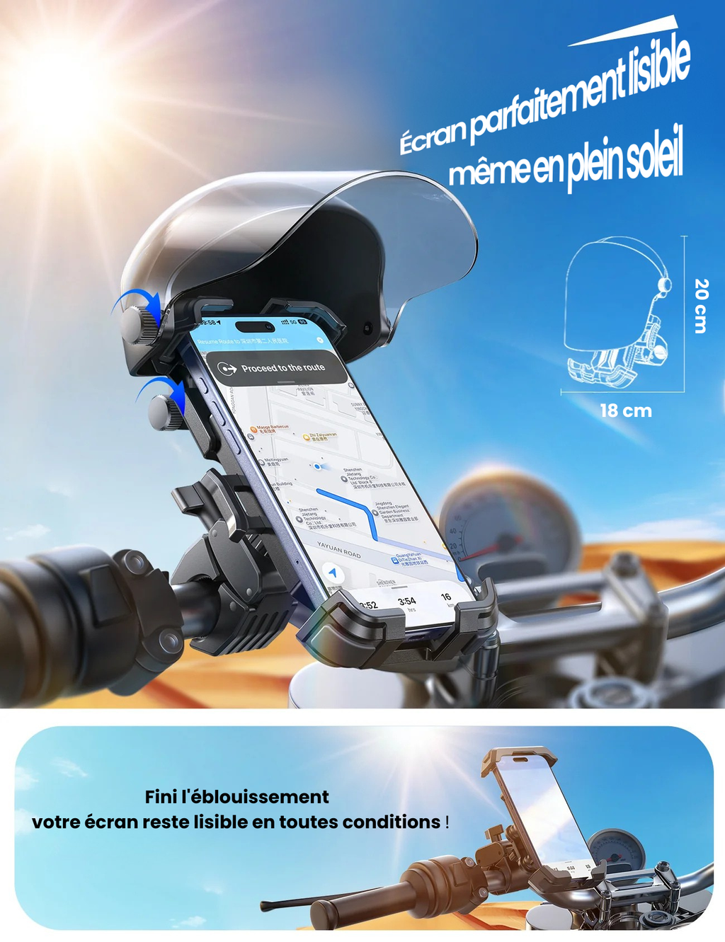 Support Téléphone Moto avec Protection Solaire