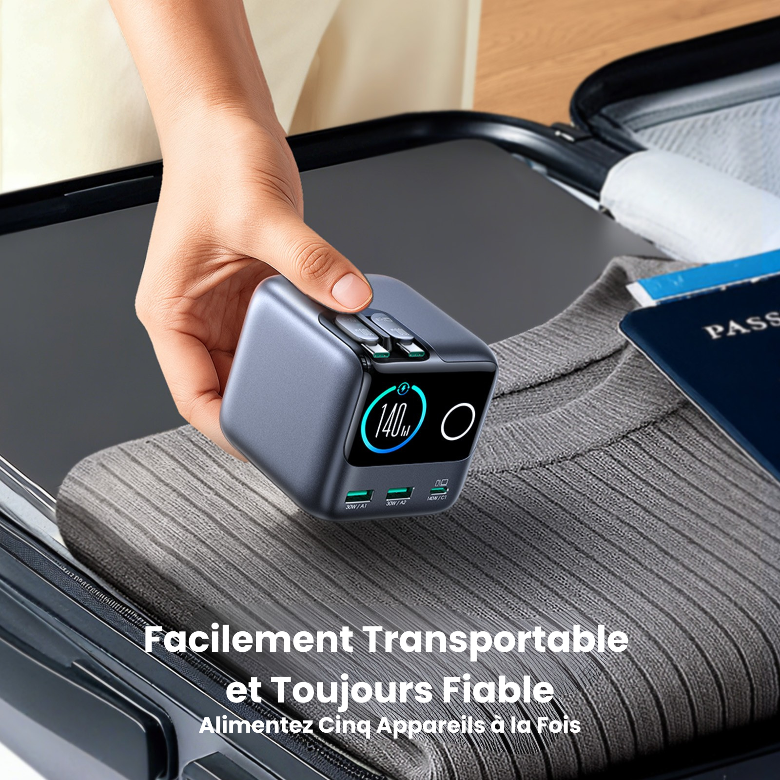 Chargeur GaN JOYROOM PODIX 140W - Station de Charge 5 Ports avec Câbles Rétractables et Écran LCD