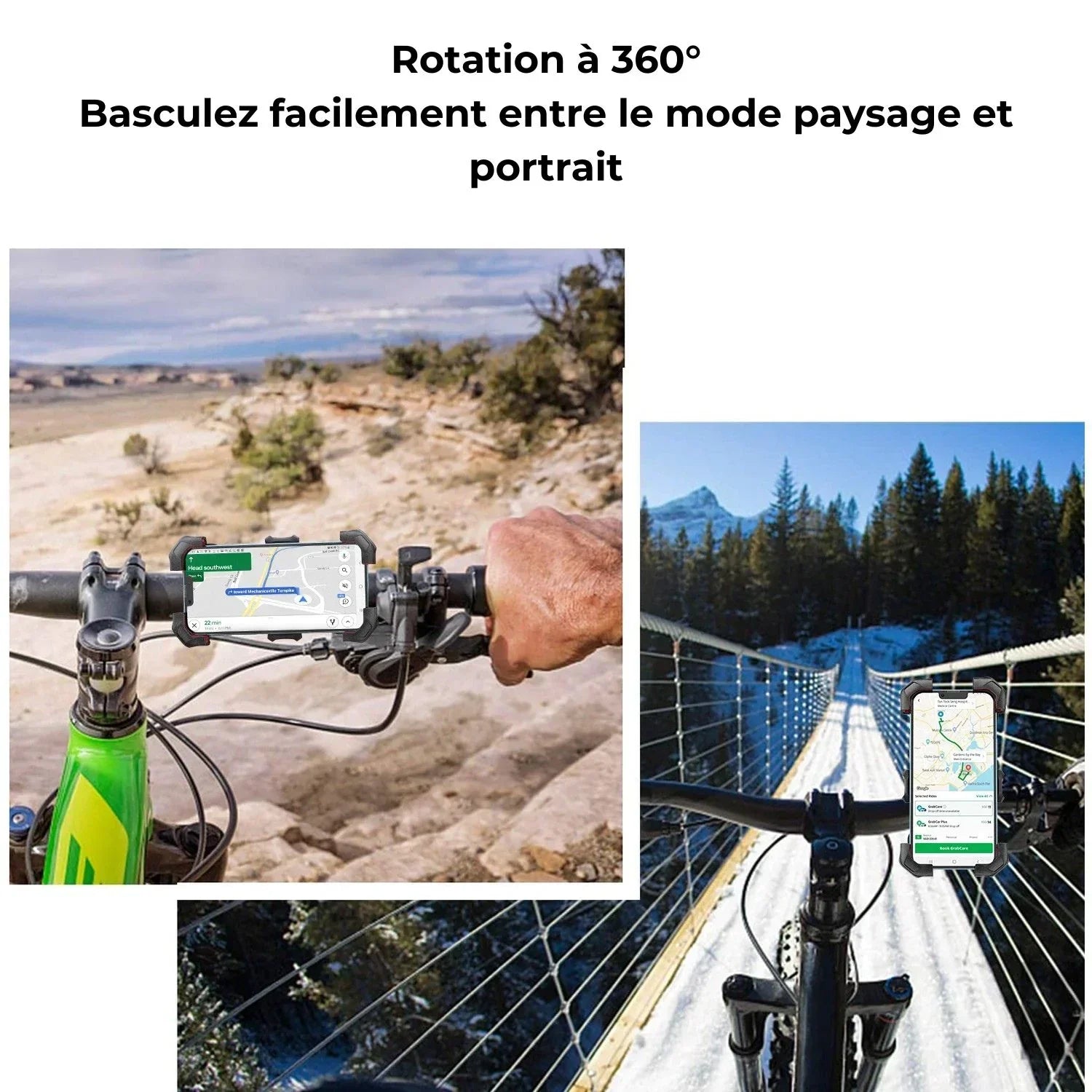 Support téléphone vélo rotation 360°, mode paysage et portrait pour navigation en extérieur