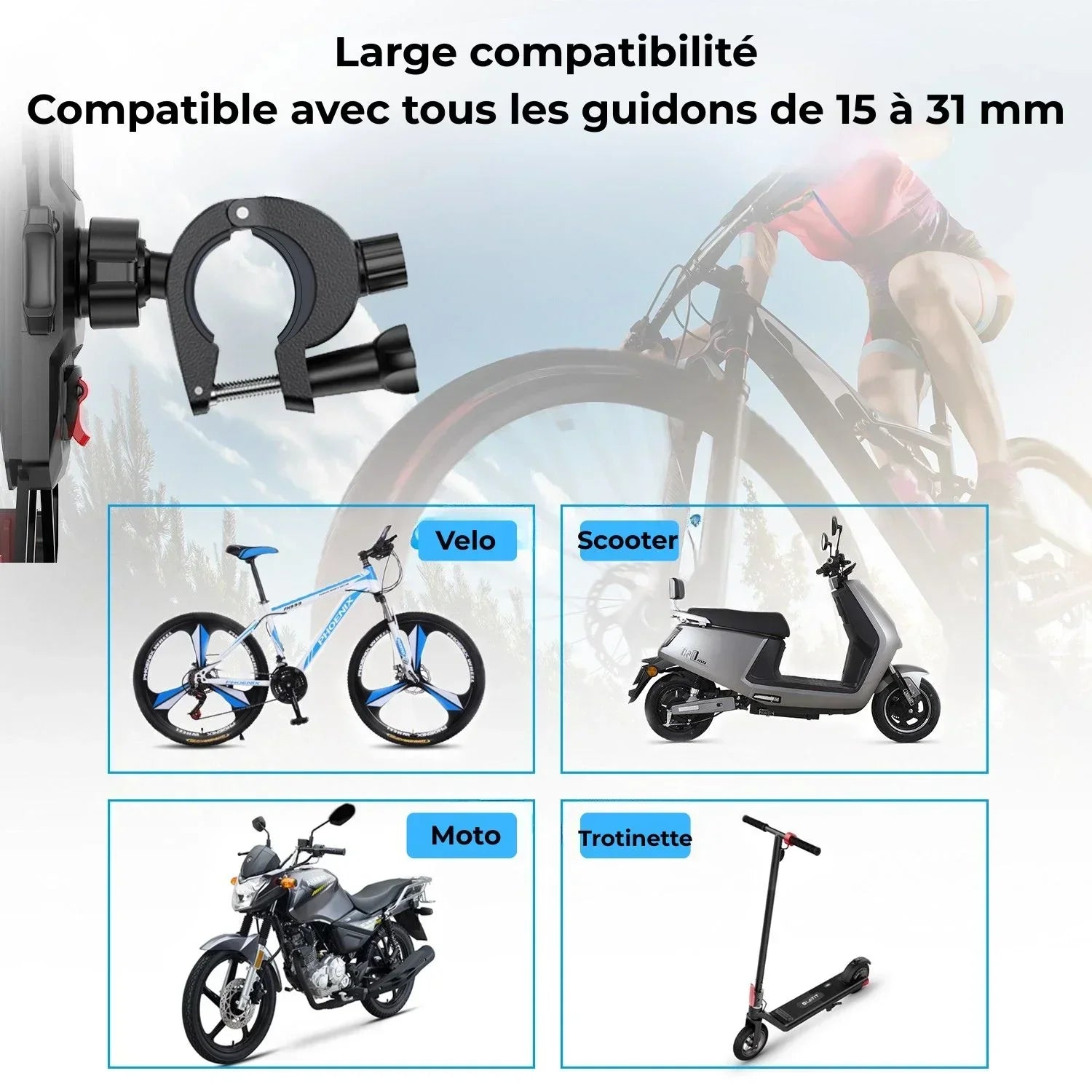 Support téléphone vélo, scooter, moto, trottinette - Compatible guidons 15 à 31 mm