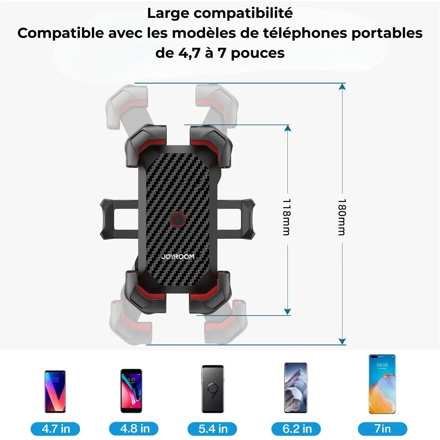 Support téléphone voiture Joyroom, compatible 4,7 à 7 pouces, design carbone et rouge, dimensions 180x118mm