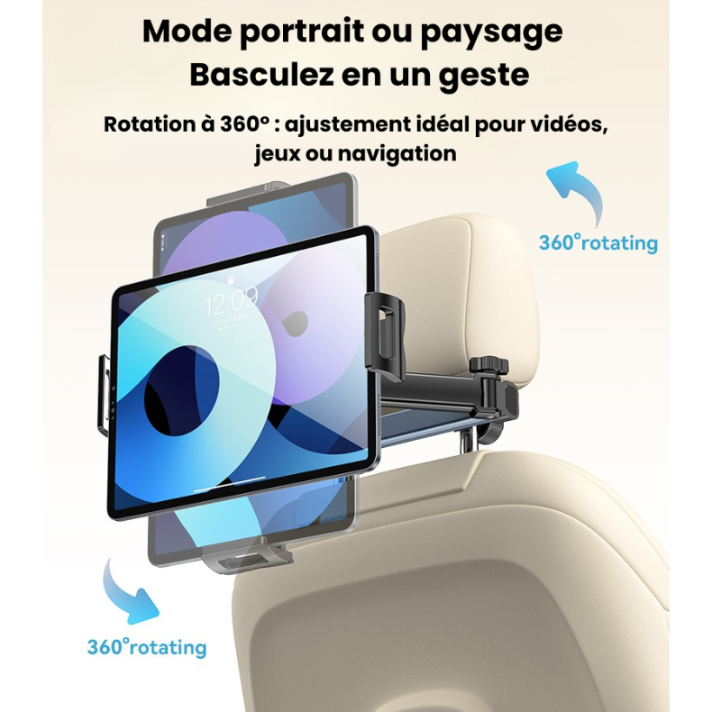 Support Tablette et Téléphone pour Appuie-tête Voiture — Bras Articulé 360°