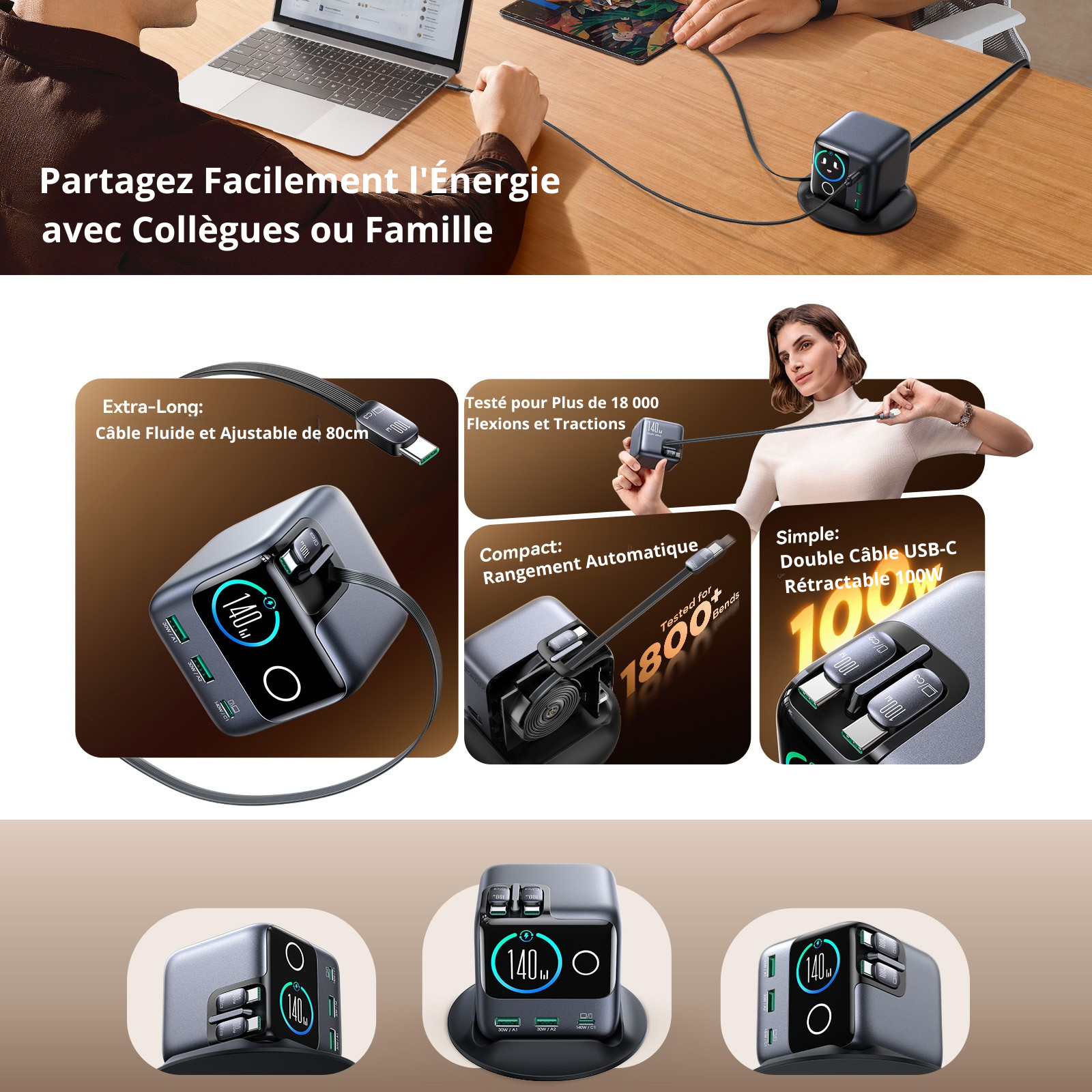 Chargeur GaN JOYROOM PODIX 140W - Station de Charge 5 Ports avec Câbles Rétractables et Écran LCD