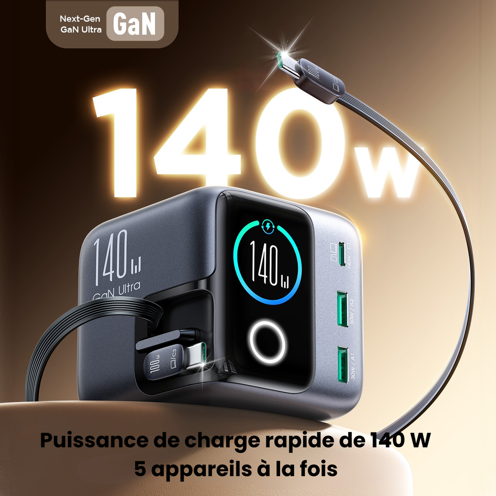 Chargeur GaN JOYROOM PODIX 140W - Station de Charge 5 Ports avec Câbles Rétractables et Écran LCD