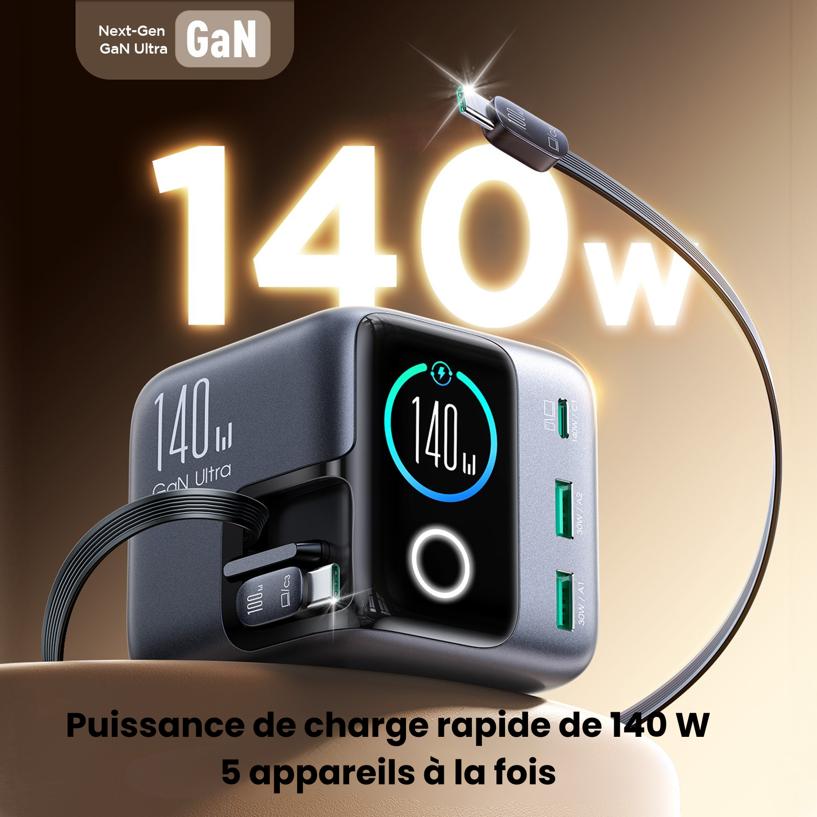 Chargeur GaN JOYROOM PODIX 140W - Station de Charge 5 Ports avec Câbles Rétractables et Écran LCD
