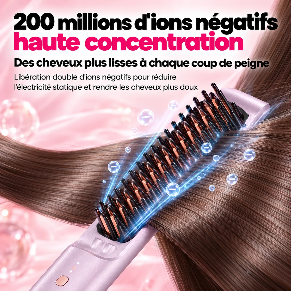 Dents de la brosse lissante dans des cheveux longs : 200 millions d'ions négatifs pour des cheveux plus lisses et plus doux