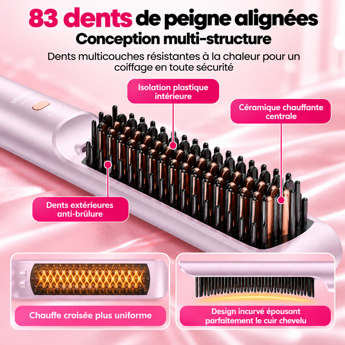 83 dents de peigne alignées : isolation intérieure, céramique chauffante centrale et dents extérieures anti-brûlure