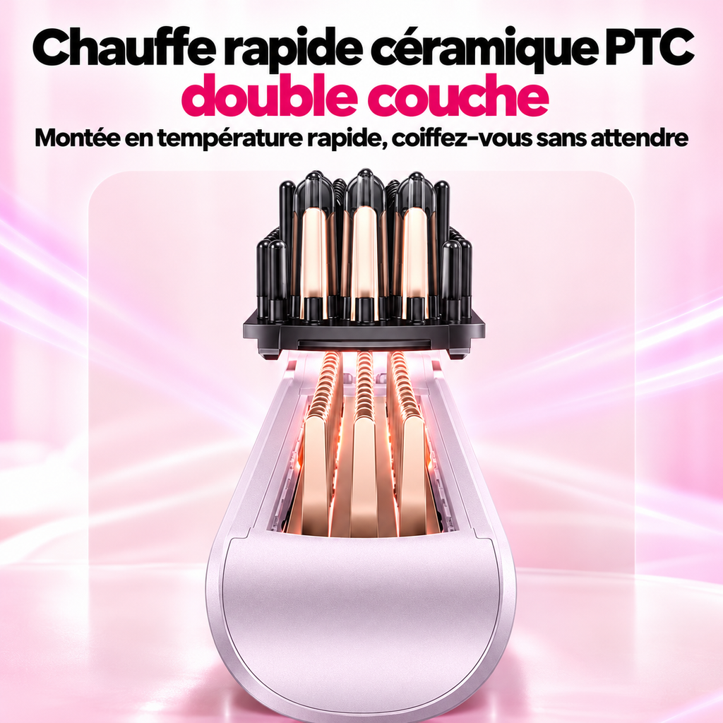 Vue éclatée de la tête de la brosse lissante : chauffe rapide céramique PTC double couche
