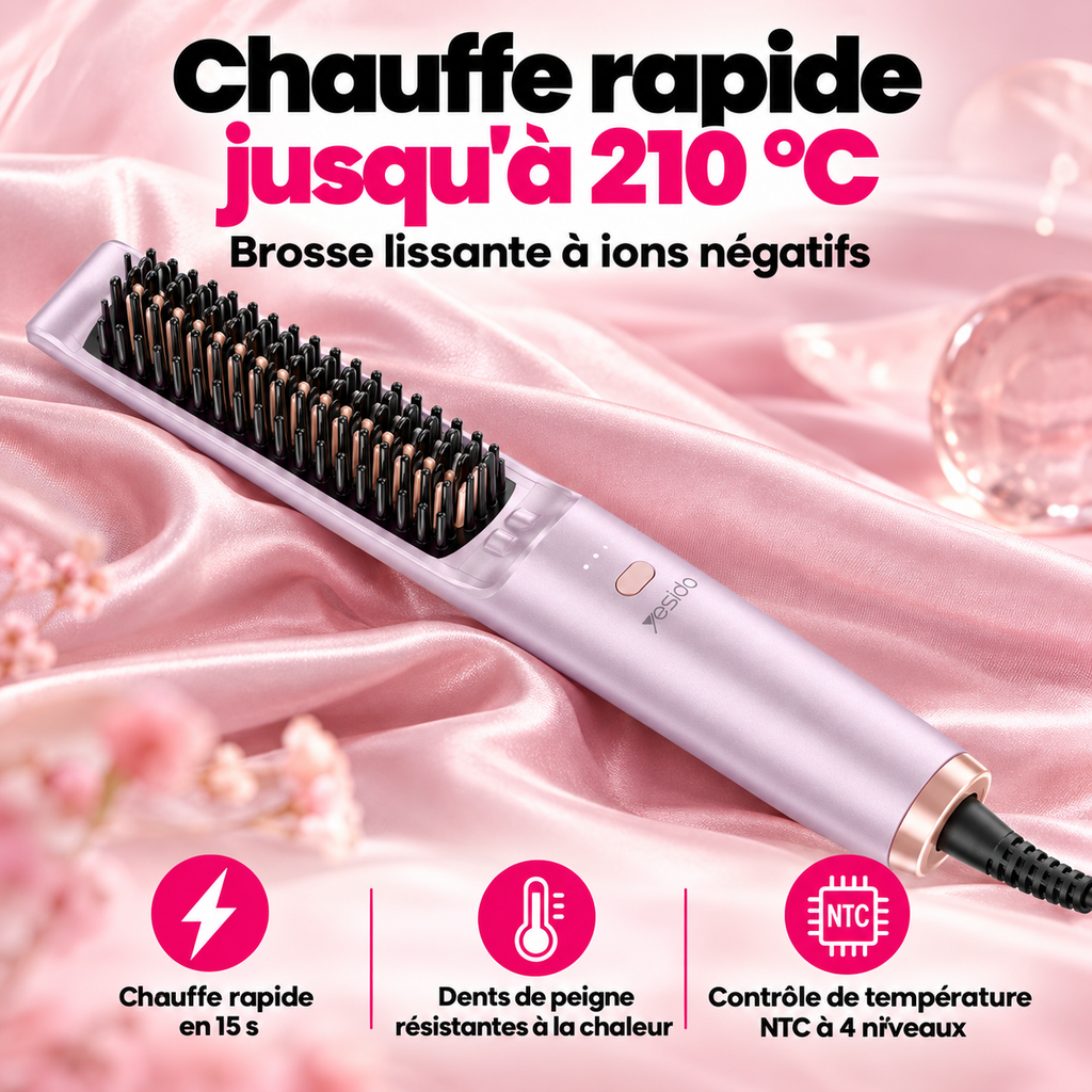 Brosse lissante à ions négatifs sur un tissu rose : chauffe rapide jusqu'à 210 °C en 15 s, dents résistantes à la chaleur