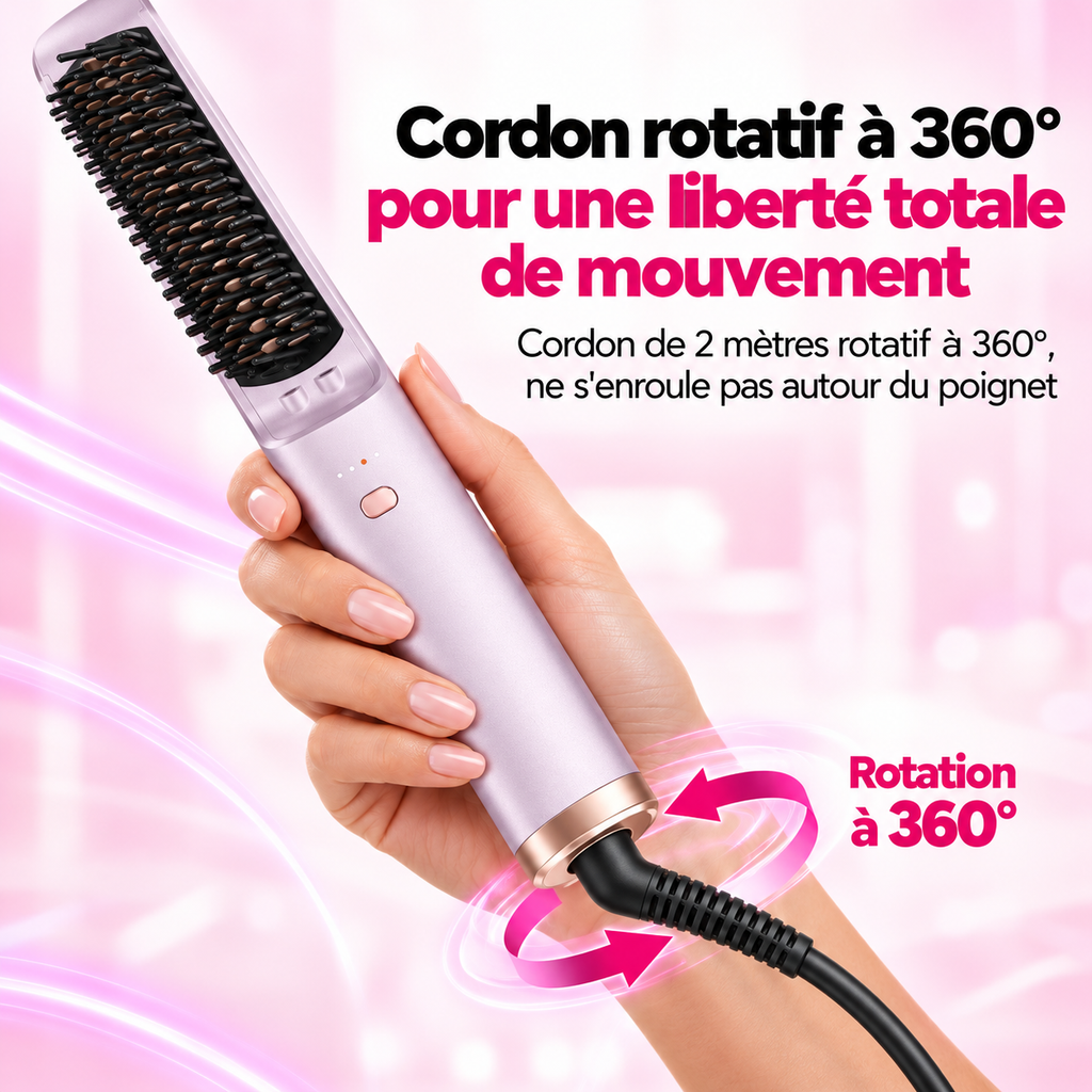Main tenant la brosse lissante : cordon de 2 mètres rotatif à 360° qui ne s'enroule pas autour du poignet