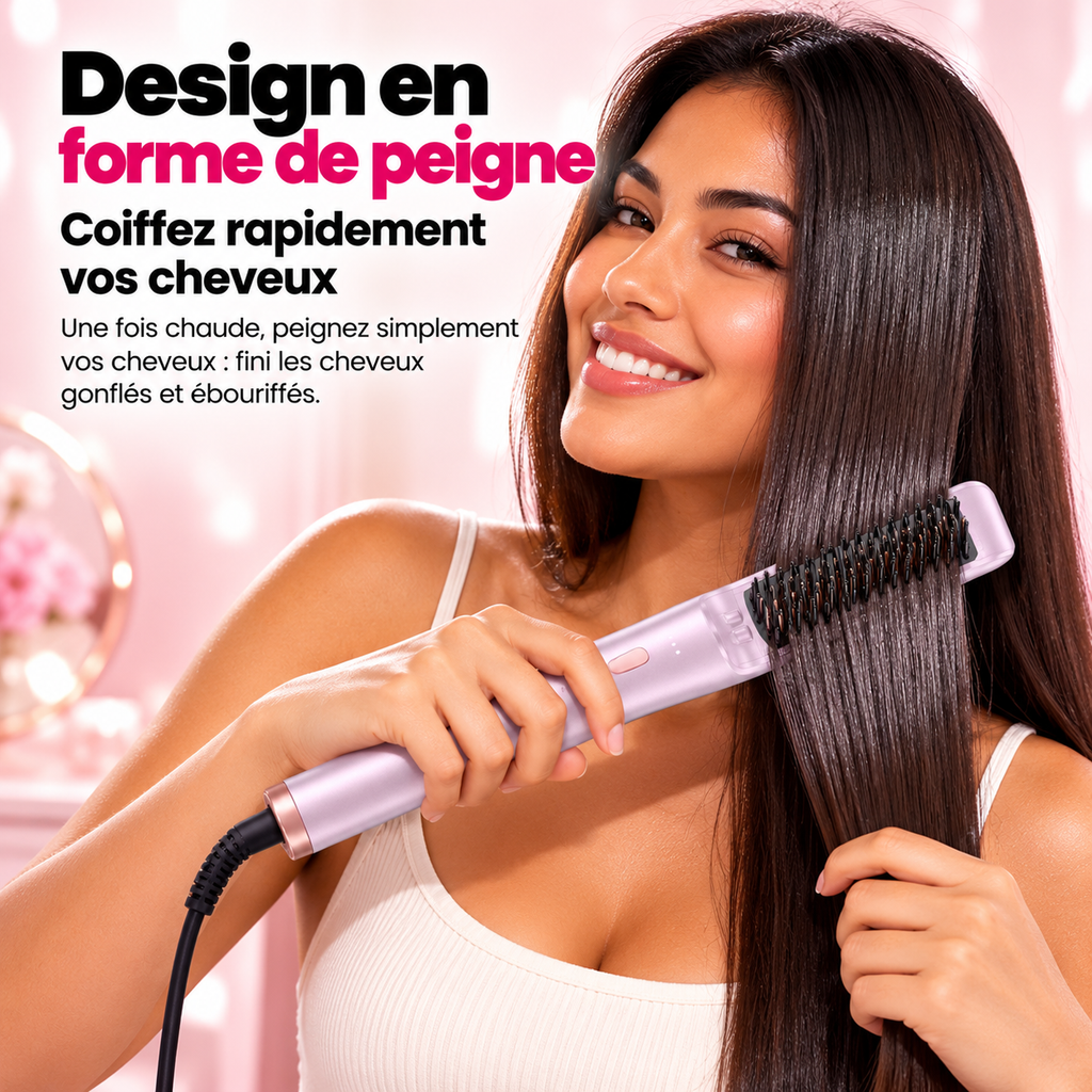 Femme qui se coiffe avec la brosse lissante en forme de peigne : fini les cheveux gonflés et ébouriffés