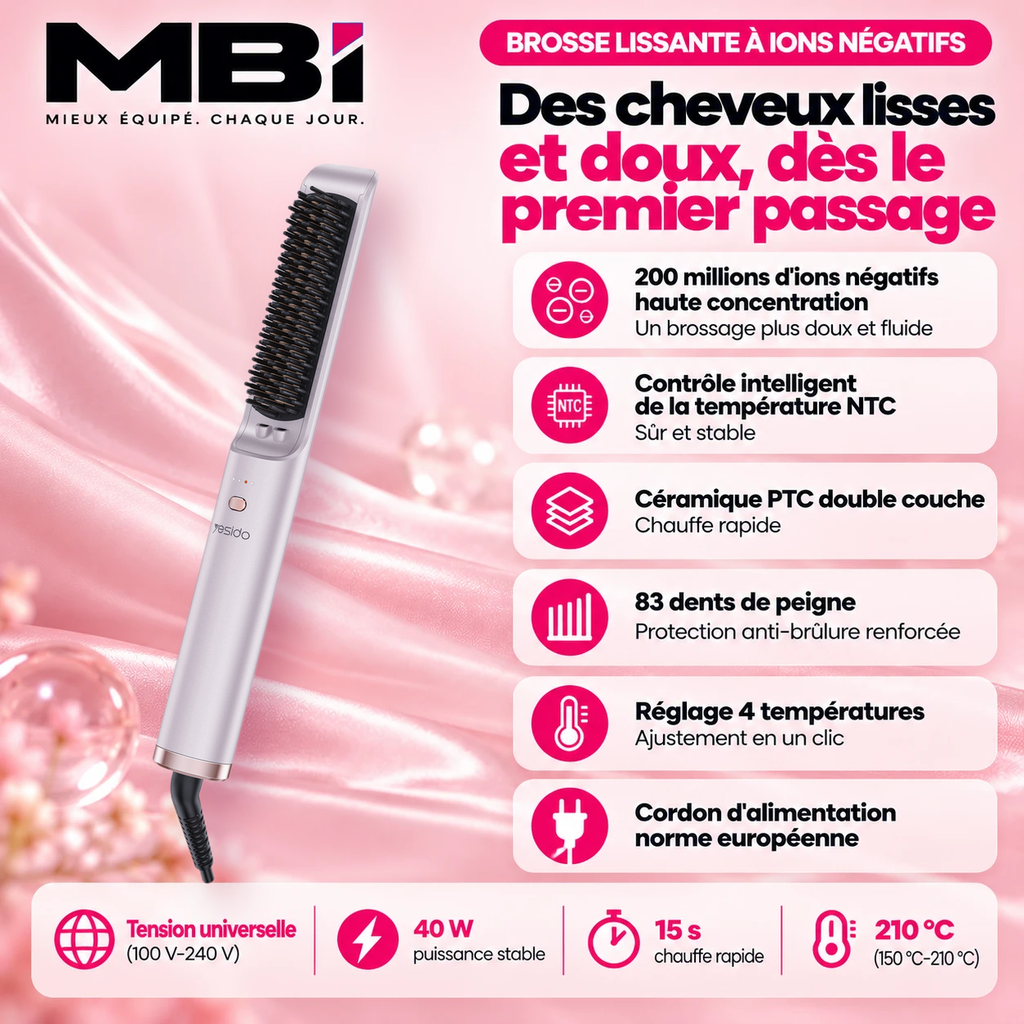 Récapitulatif MBI de la brosse lissante à ions négatifs : ions négatifs, NTC, céramique PTC, 83 dents, 4 températures, 40 W, 15 s, 210 °C