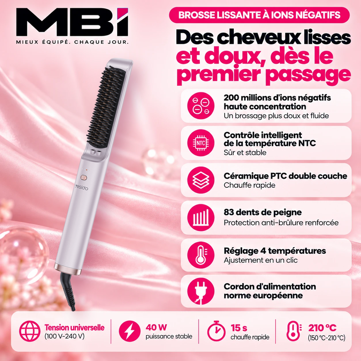 Récapitulatif MBI de la brosse lissante à ions négatifs : ions négatifs, NTC, céramique PTC, 83 dents, 4 températures, 40 W, 15 s, 210 °C
