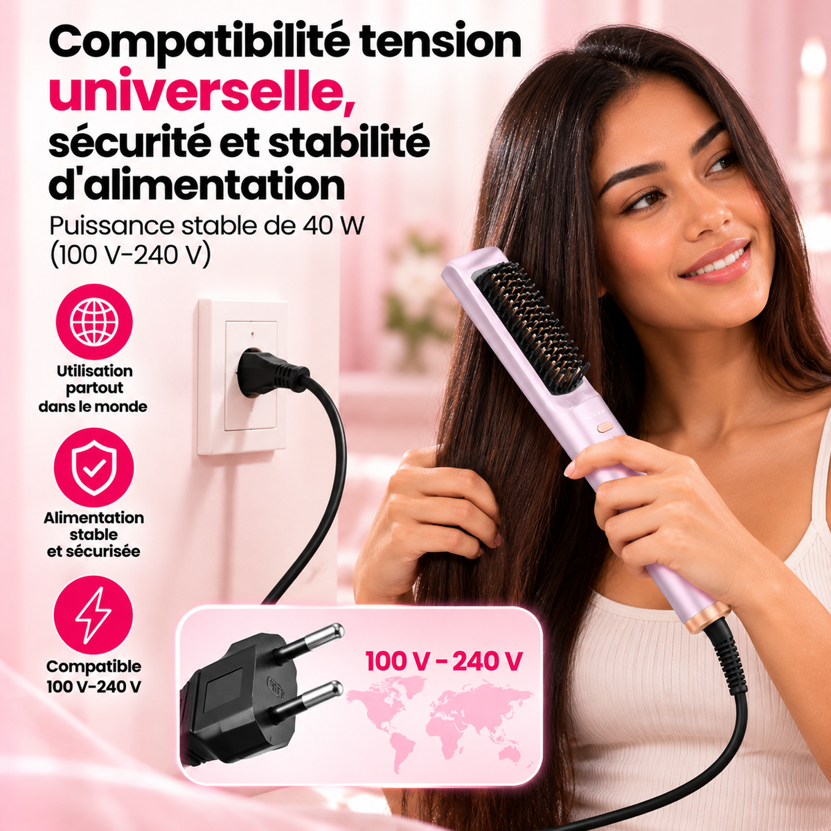 Femme qui se coiffe, brosse branchée au mur : tension universelle 100-240 V, puissance stable de 40 W