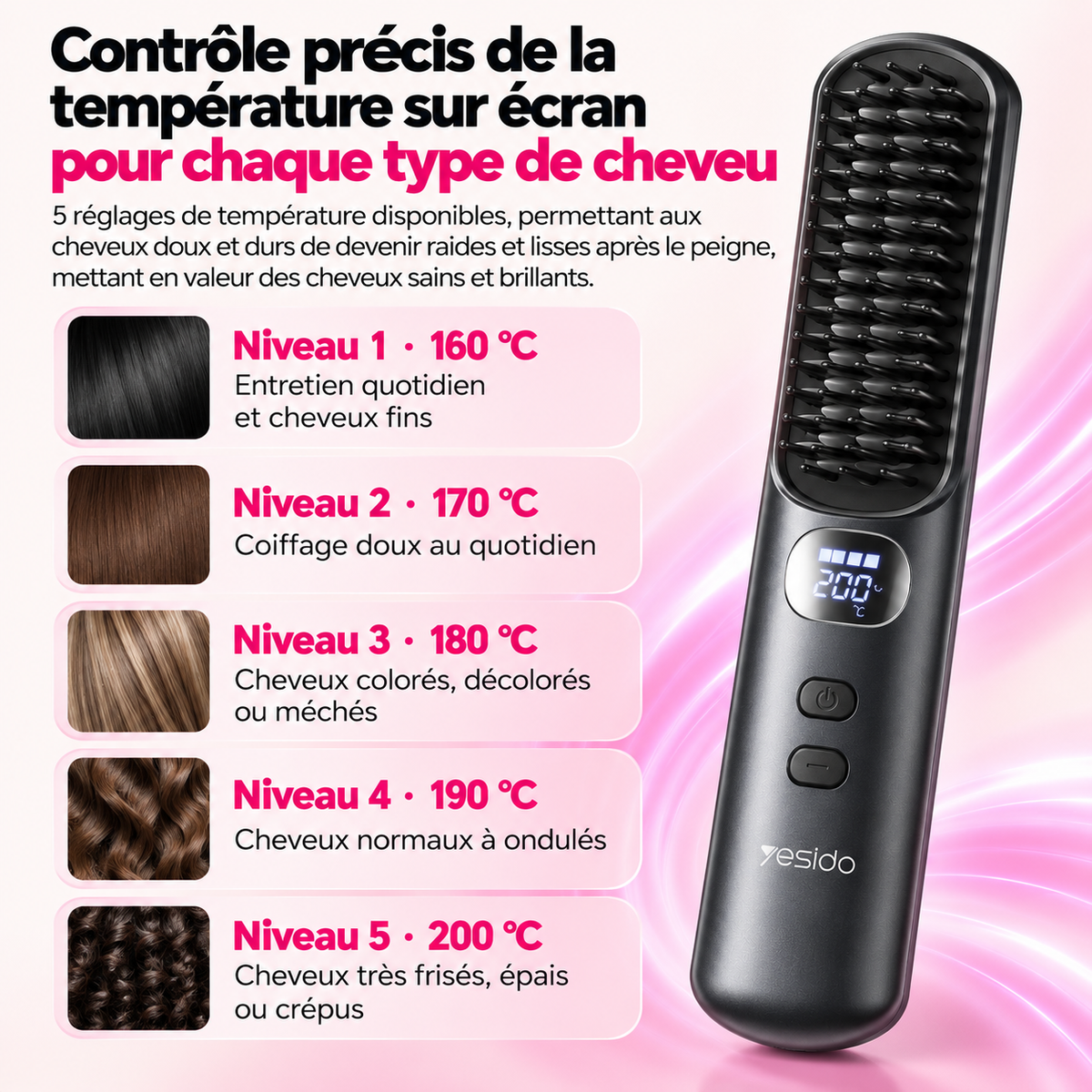 Écran de la brosse lissante sans fil : 5 températures de 160 °C à 200 °C selon le type de cheveux