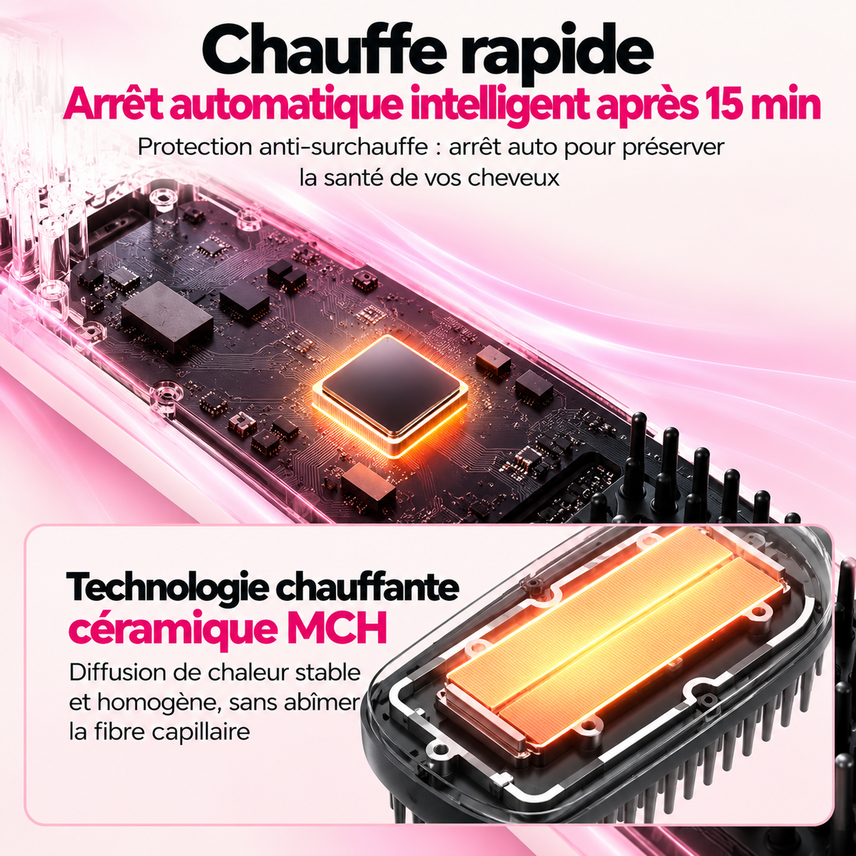 Technologie chauffante céramique MCH de la brosse lissante : chauffe rapide et arrêt automatique après 15 min