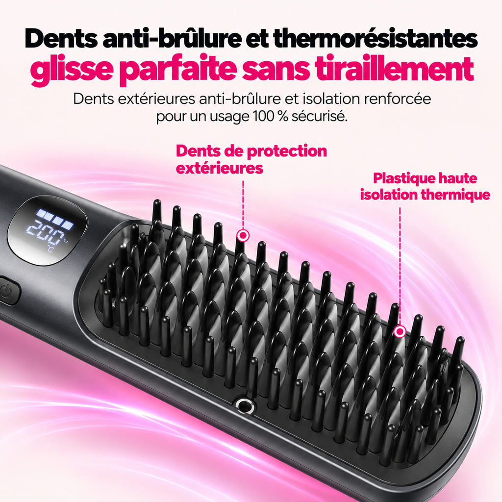 Gros plan des dents anti-brûlure et thermorésistantes de la brosse lissante, en plastique à haute isolation thermique