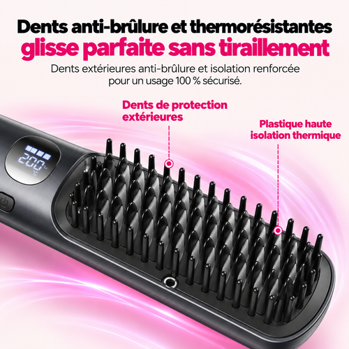 Gros plan des dents anti-brûlure et thermorésistantes de la brosse lissante, en plastique à haute isolation thermique