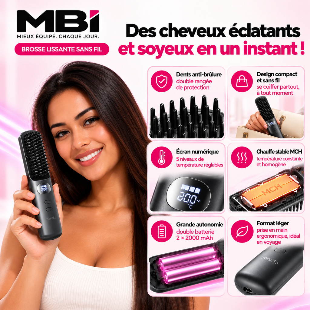 Brosse lissante sans fil MBI – Des cheveux éclatants et soyeux en un instant : écran, chauffe MCH, double batterie