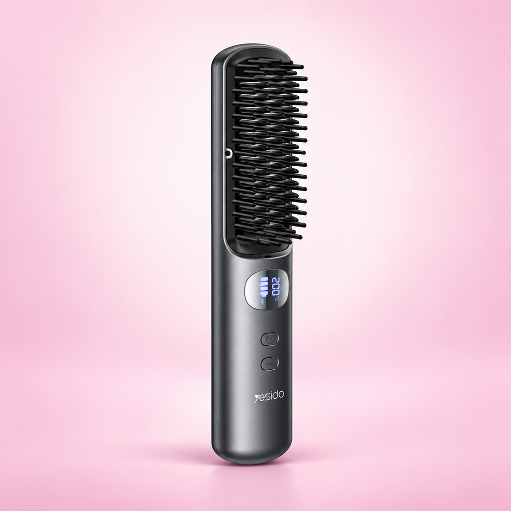 Brosse lissante sans fil à écran numérique, vue de face sur fond rose