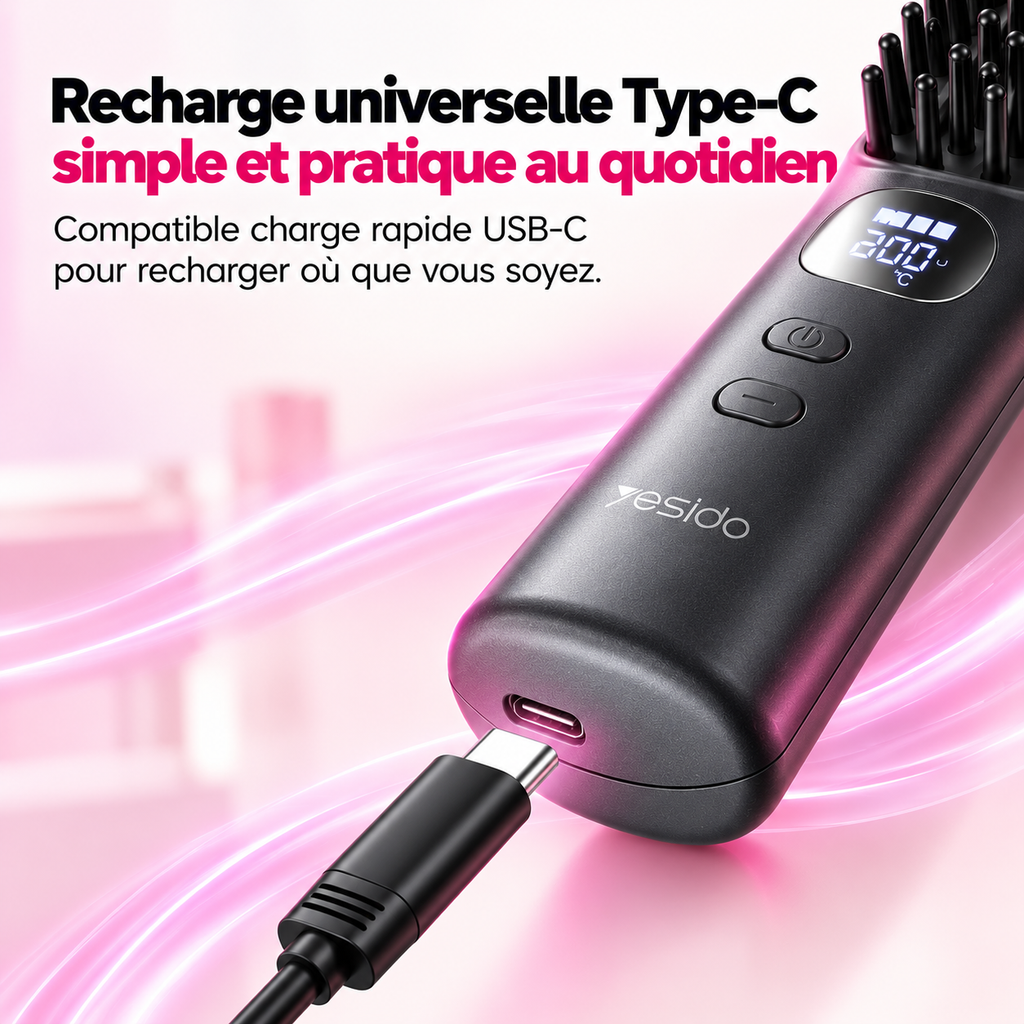 Brosse lissante sans fil en recharge par câble USB-C