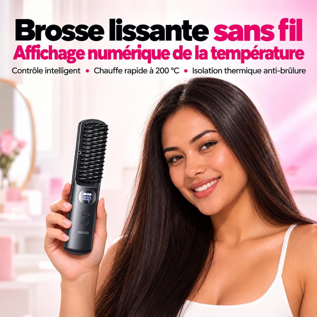 Femme souriante tenant la brosse lissante sans fil à écran : affichage numérique de la température, chauffe jusqu'à 200 °C